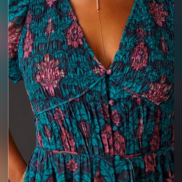 NWOT Anthropologie Peregrine Midi Dress Floral Teal and Pink Sz Meduim - Picture 3 of 16